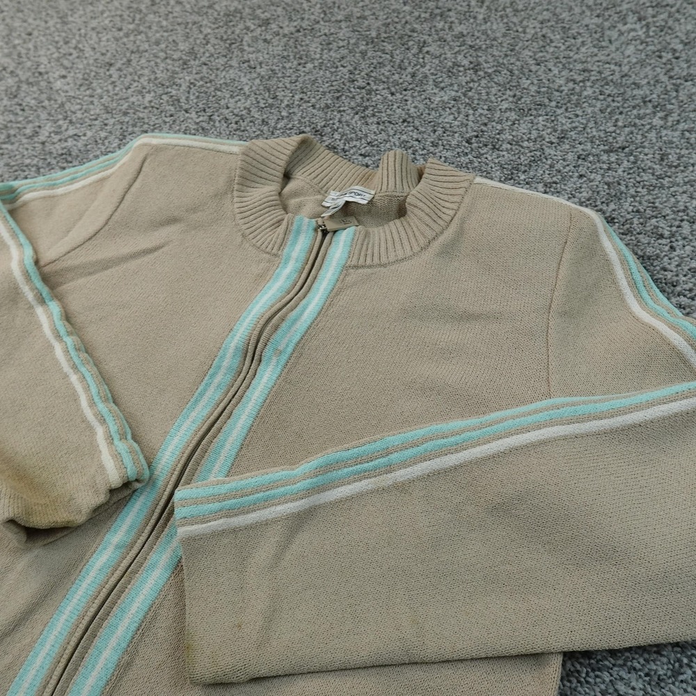St John Sport Cardigan Womens L Beige Stripe Wool Blend‎ Full Zip Sweater Jacket